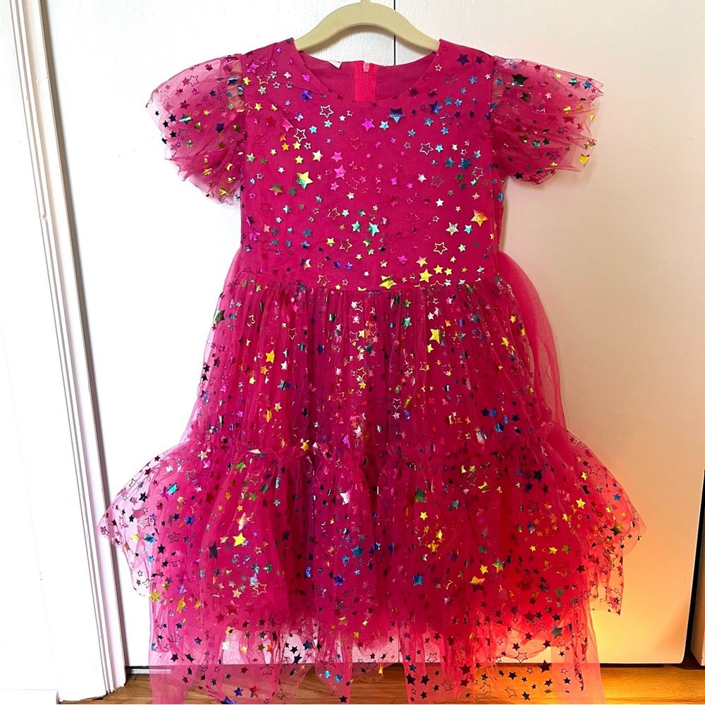 NEW WITH TAGS IMEKIS Girls Size 5-6 Pink Confetti Stars Tulle Princess Dress